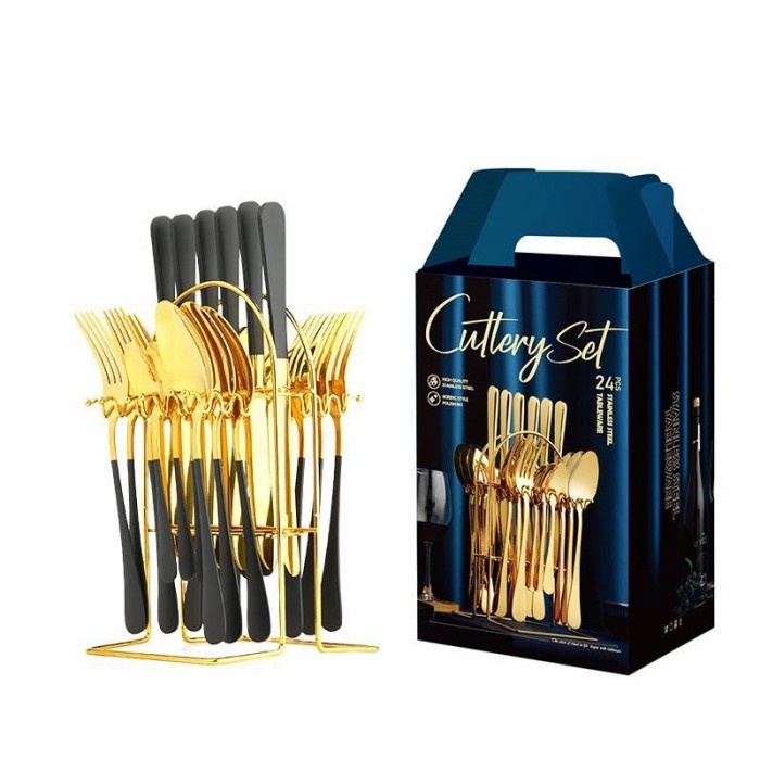 Cutlery Set - Cutlery Set Arya / Sendok Garpu Pisau Alat Makan + Holder / Gold Mewah