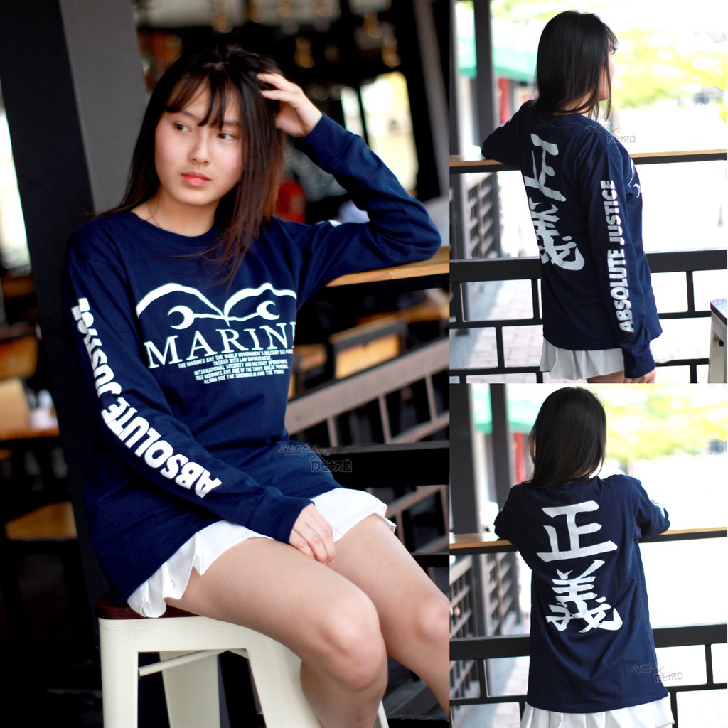 Longsleeve Anime Onepiece Marine Moral Justice Absolute Justice Navy Kaos Lengan Panjang