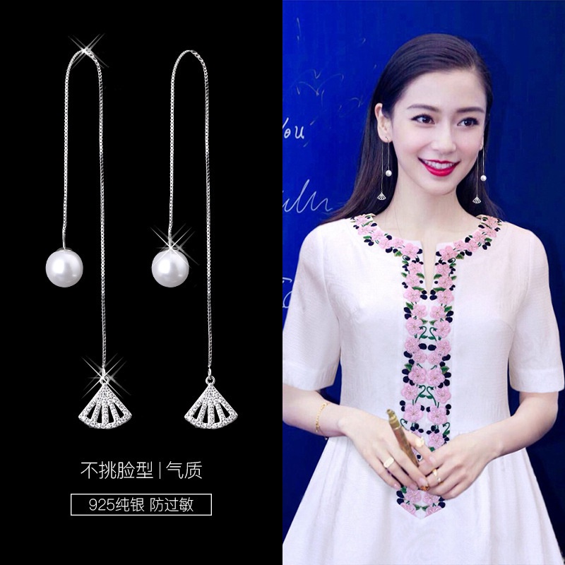 925 rumbai kipas berbentuk telinga panjang garis Korea temperamen anting-anting wanita anting-anting