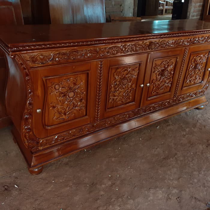 Bufet Meja TV Biola Kayu Jati Buffet Nakas Lemari Ukir