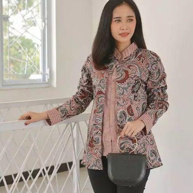 Blus Cardi katun murah halus batik lawasan lengan panjang atasan baju batik ABG remaja putri cewek cewe modis keren tradisional unik etnik kancing depan seragam seragaman kembaran kantor kerja wanita-D