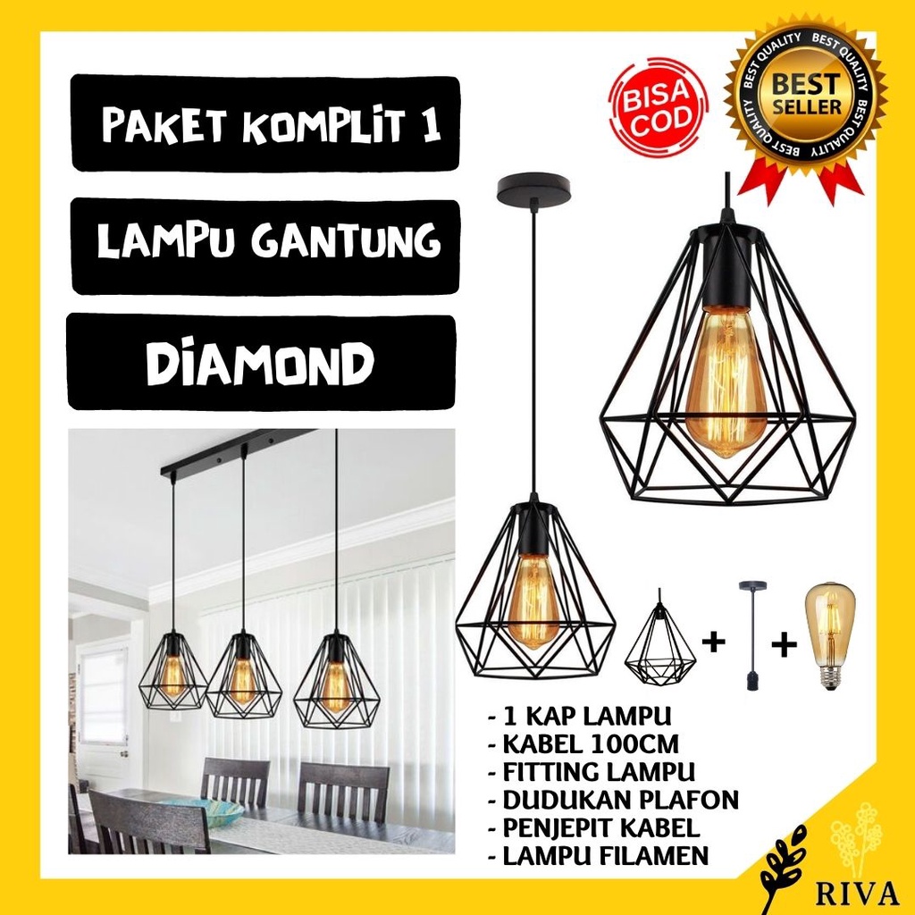 LAMPU GANTUNG MINIMALIS DIAMOND HIAS KAP BESI DEKORASI CAFE RUMAH MODERN RUANG TAMU LENGKAP MURAH