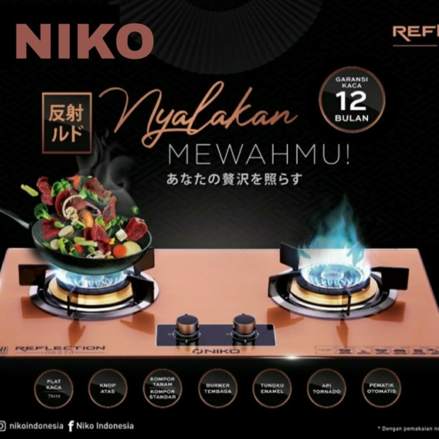 NIKO Kompor Gas Tanam 2 Tungku Kaca Reflection Gold 2.0 - Garansi Resmi 1 Tahun