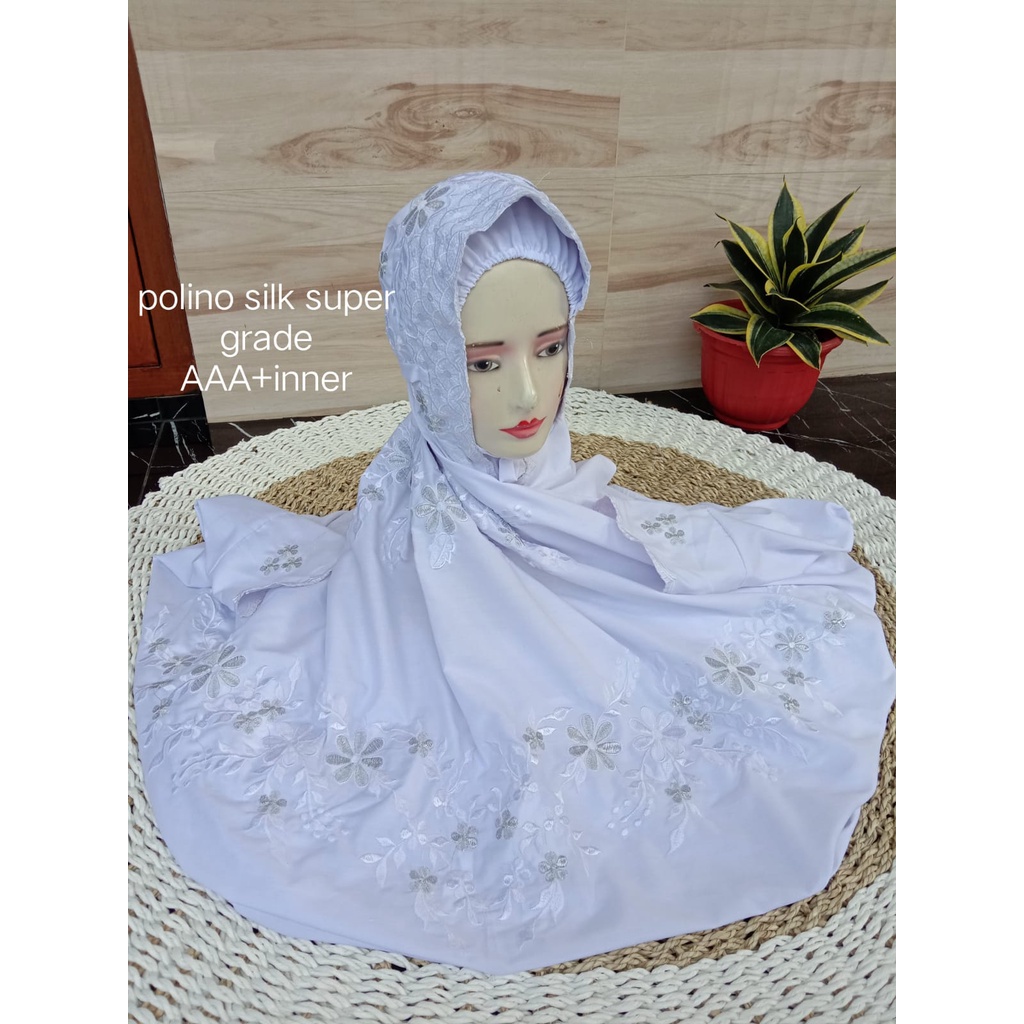 Mukena Dewasa Terusan Polino Silk Super Bordir Putih Kudusan + Inner