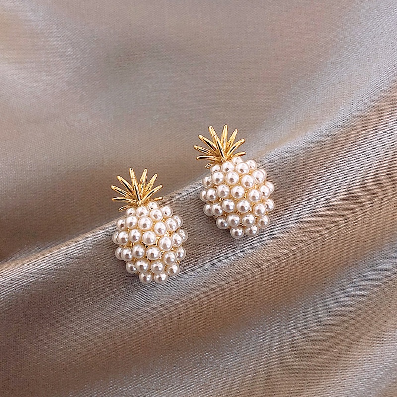 Anting Stud 925 Silver Needle Bentuk Nanas Aksen Mutiara Gaya Retro Perancis