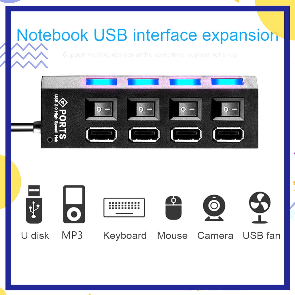 USB Hub 4 Port Saklar Lampu Led On Off Hispeed / 4Port Hi-Speed 2.0 - USB 4 Lubang Ceplekan Colokan USB 4 Lubang Cuttoff