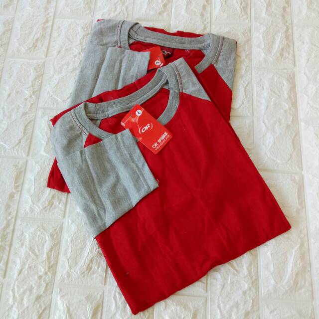 Kaos polos reglan MERAH-ABUMISTY lengan panjang dewasa uk M L XL XXL pria dan wanita