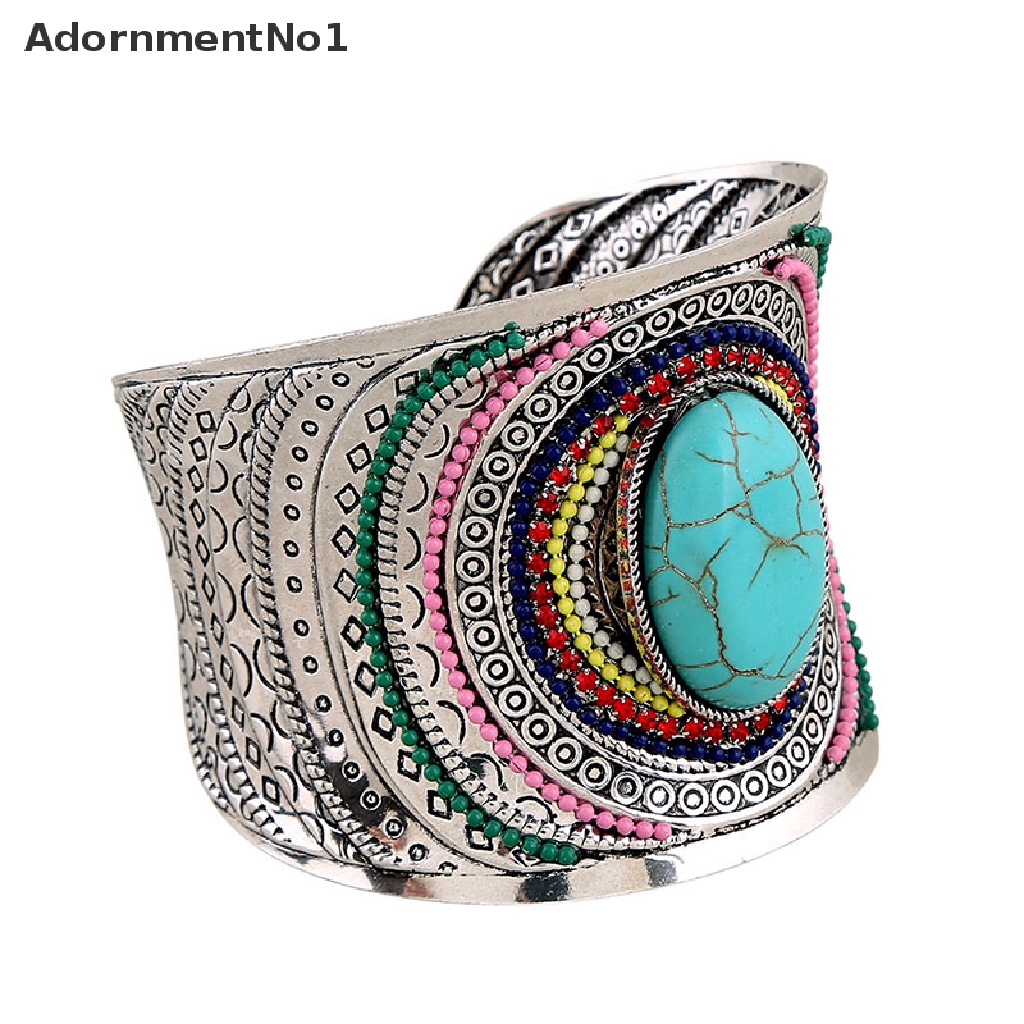 (AdornmentNo1) Gelang Tangan Silver Gaya Tibet Vintage Bohemian Aksen Turquoise Untuk Perhiasan Wanita