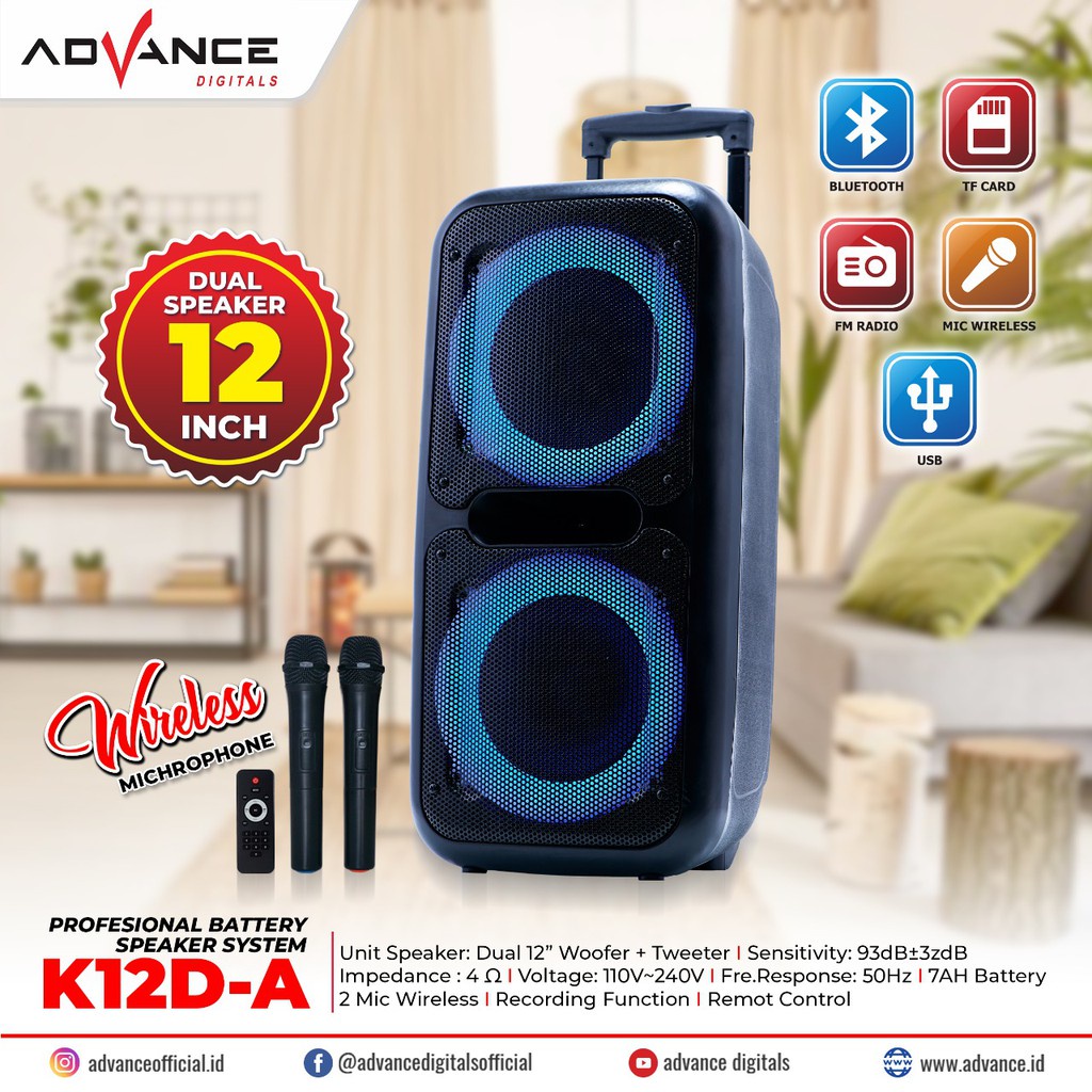 ADVANCE Speaker Portable Bluetooth 2 x 12 Inch K12DA / 2 Mic Wireless