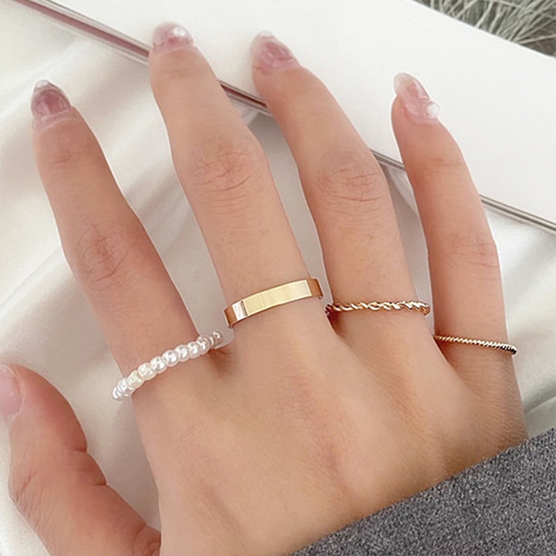 Korea Wanita Mutiara Cincin Wanita Emas Cincin Logam Set Fashion Perhiasan Aksesoris