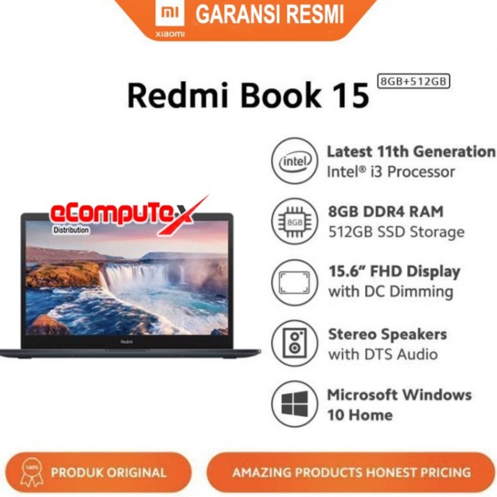 LAPTOP XIAOMI REDMI BOOK 15 INTEL CORE i3-1115G4  8GB 512GB SSD Win10 ORIGINAL GARANSI RESMI NOTEBOOK 15.6&quot; XIAO MI