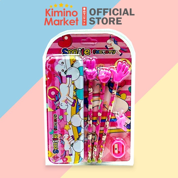 

Gaya Alat Tulis Set Unicorn Pink Kotak Pensil Pensil Peruncing Penghapus Trendi