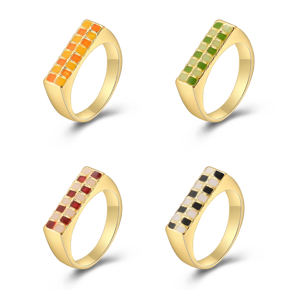 Gold Checkerboard Geometry Rings Heart Shape Colorful Rings for Women Fashion Jewelry Accessories