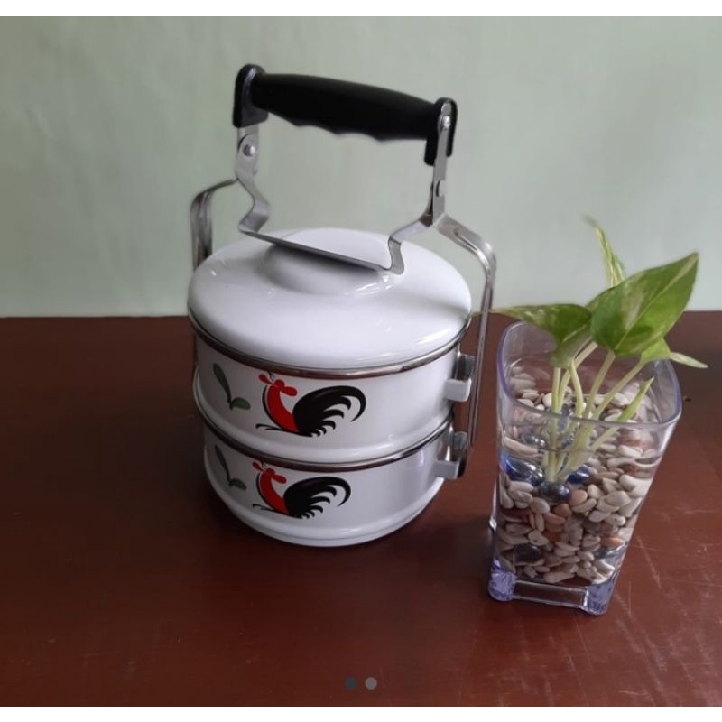 RANTANG ENAMEL SENG KALENG SUSUN 2 MOTIF AYAM JAGO KUNO ANTIK VINTAGE JADUL 14 CM