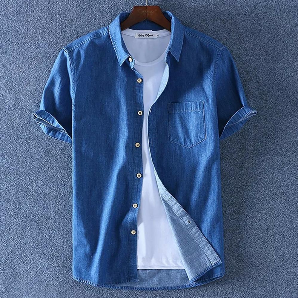 [KODE PRODUK 8KLET7955] Kemeja Jeans Polos Pria Lengan Pendek / Kemeja Polos / Bozz Jeans / Kemeja L