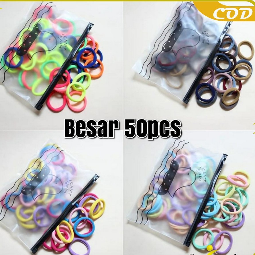 Ikat Rambut Korea Towel Ring Set Isi 50 Pcs Ikat Rambut Warna-Warni Isi 50 Plus Pouch Cantik - Kunciran Rambut - Ikat Rambut Polos Elastis Bahan