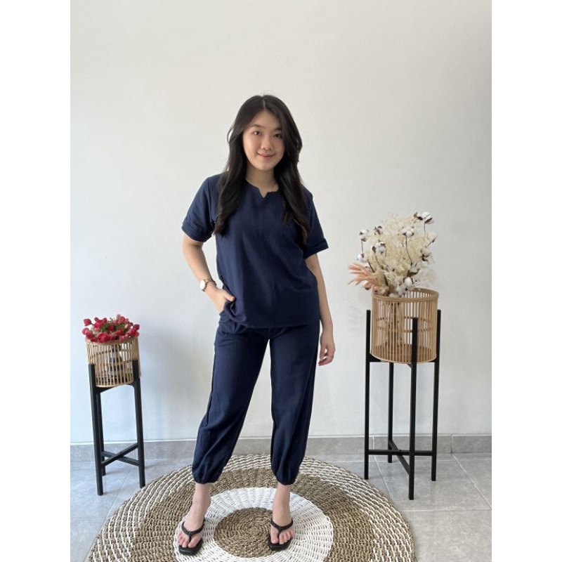 Set linen Vneck jogger | Set linen jogger 7/8 onesize
