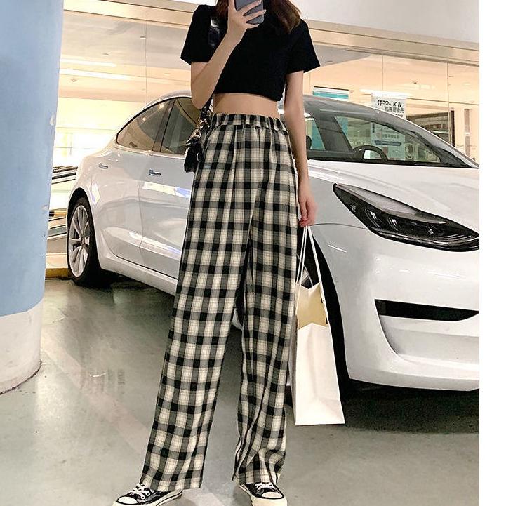 [SMO. 142482] Celana Kotak Kotak Wanita Celana Highwaist Wanita Kulot Celana Korea Pinggang Elastis 