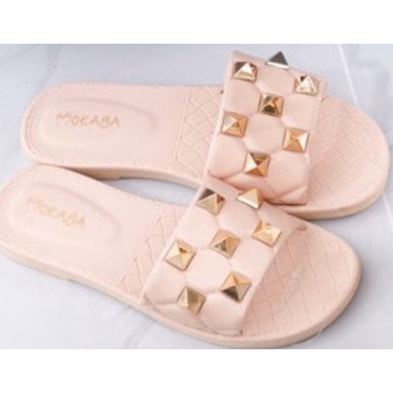 Sandal Slop JellyWanita Motif Kotak Duri Gold Cantik Keren Elegant Mewah Import Mokaya / Size 37-41 ( 2132 )-pink