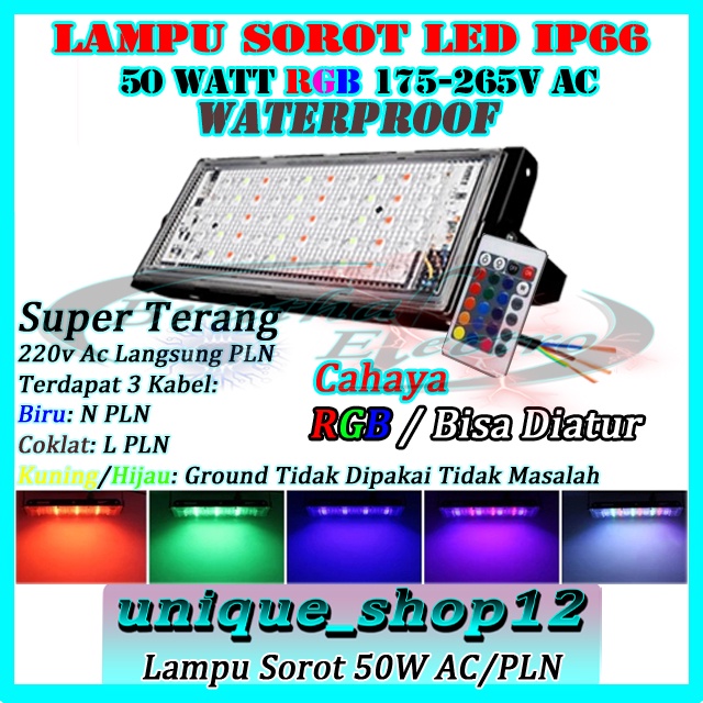 Lampu Led Sorot IP66 RGB AC 220V Waterproof 50Watt Super Terang