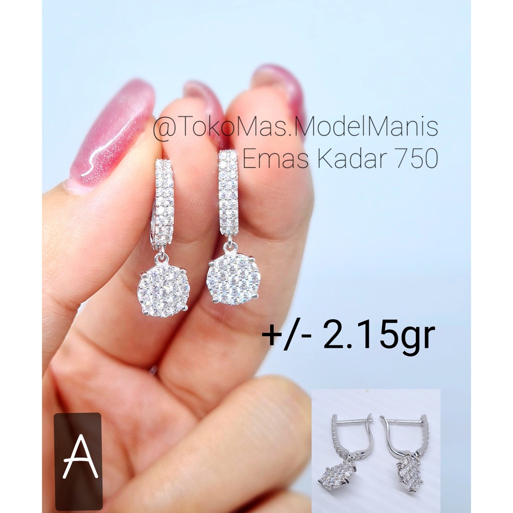 Anting Emas Asli jepit diamond looks emas putih kadar 750