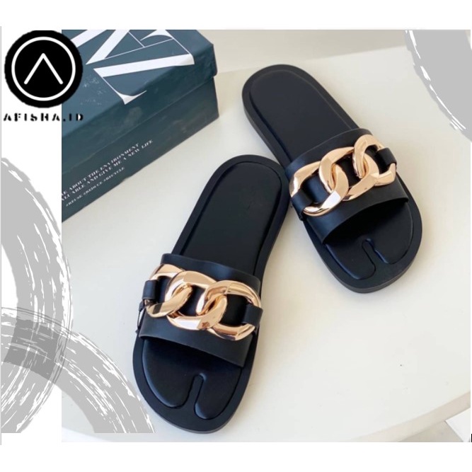 Zara Flat Gold Plaque Side Sandal Chain Rantai Sandal Free Box