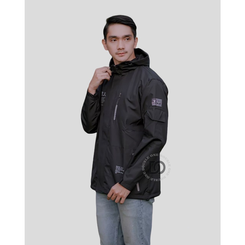 DOUBLE ONE - Jaket Pria Outdoor Taslan Original THE BOJIEL / Jaket Waterproof / Jaket Hoodie Parasut Pria / Jaket Hoodie Anti Air Hitam