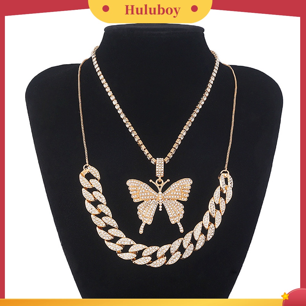 Hu Hu Hu Hu Hu Alat Bantu Pasang Kacamata♡ Kalung Rantai Liontin Kupu-Kupu Berlian Imitasi Dua Lapis Untuk Wanita