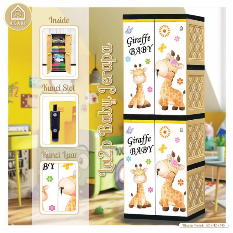 GARANSI RESMI AKAKO - Lemari anak Motif Printing Baby Jerapah, Owl, Teddy Bear, Rainbow Ruby, Train 