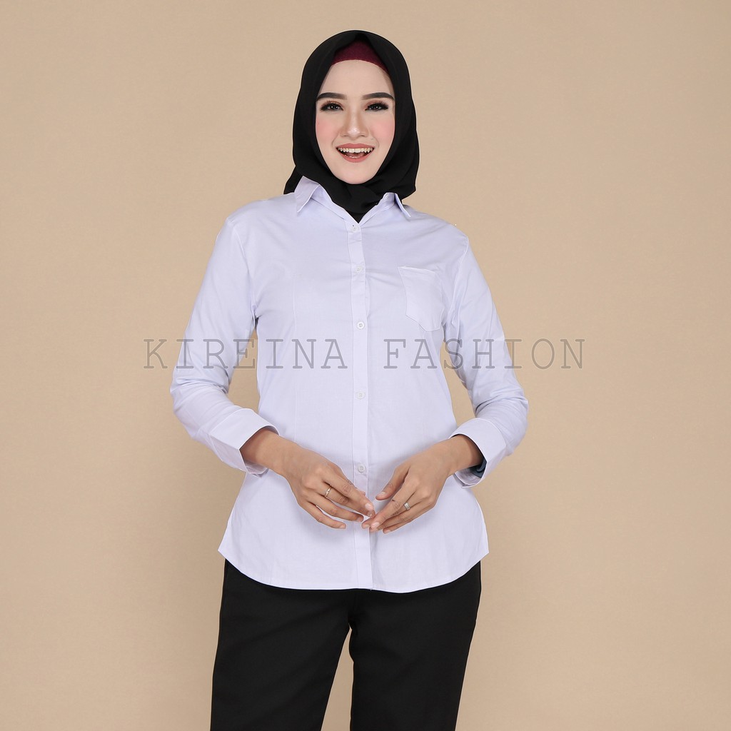 Kemeja Putih Kerja Wanita Kantong Satu Pola Kecil Bahan Stretch | Kireina Fashion