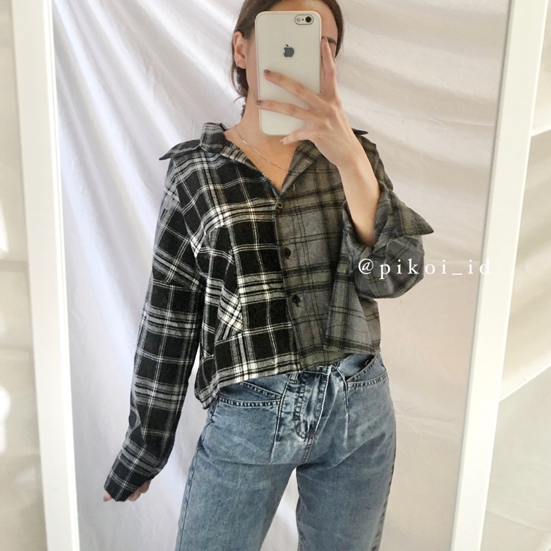 Crop top flanel wanita / kemeja flanel cewek / kemeja kotak flanel kombinasi hem flanel wanita combi