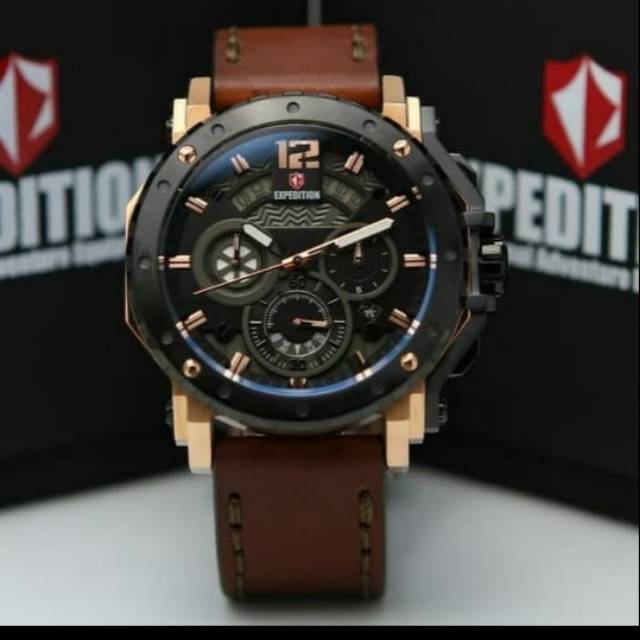 Jam tangan expedition e6402 leather rose gold pria original
