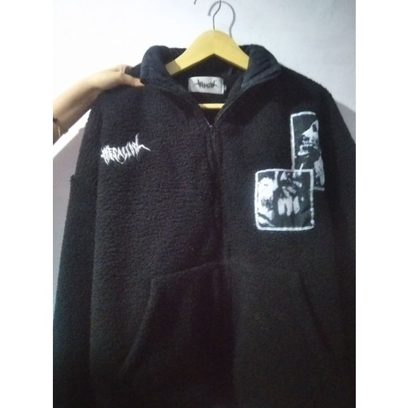 PRELOVED JACKET SHERPA BULU TEBAL HOODIE | ZIPPER | BLACK | YIKESALLDAY | JAKET BULU