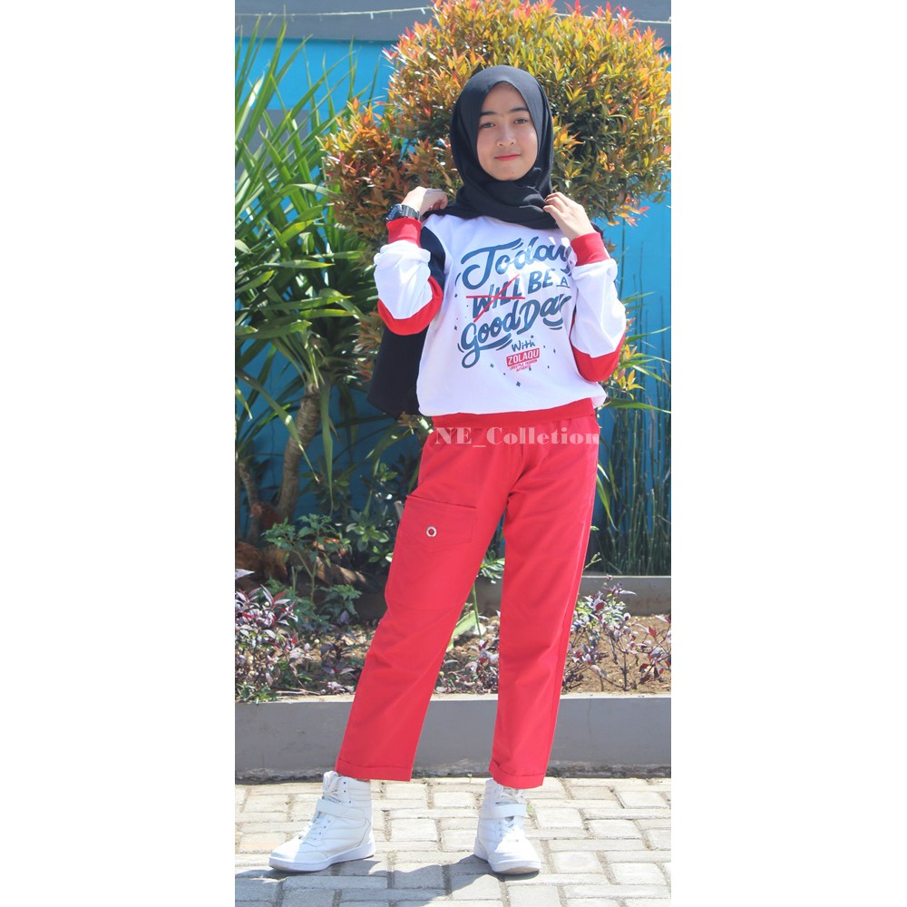 Pantaloni Cargo Dellina Skirt / Celana Panjang Wanita Jogger Slim Fit Warna Merah