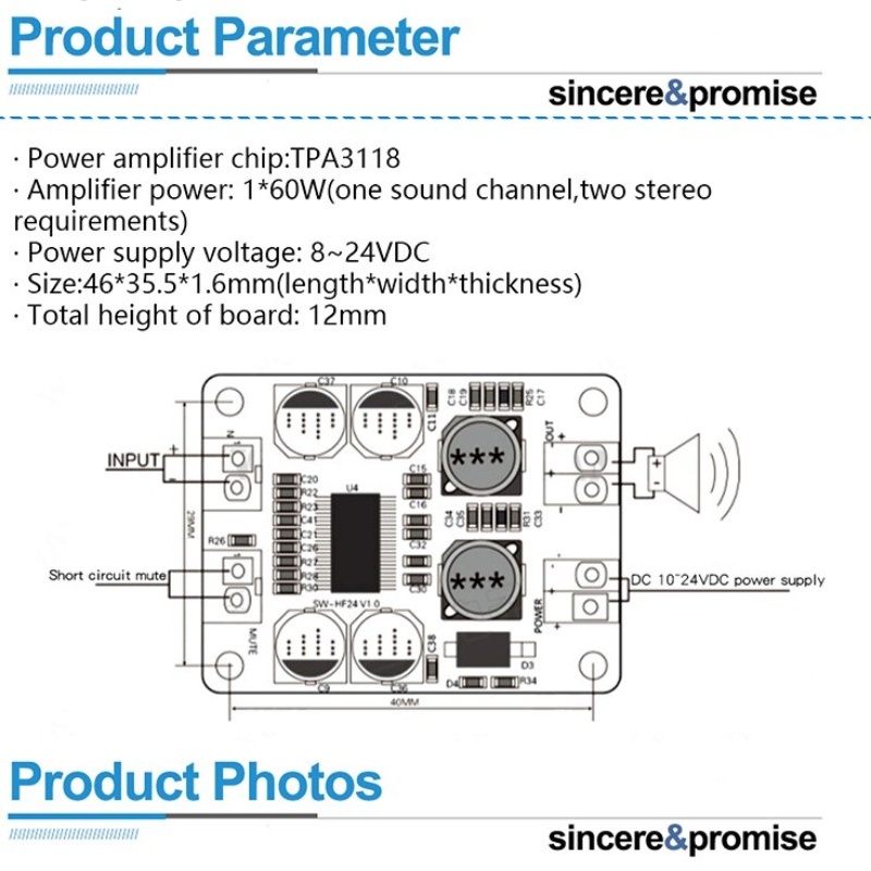 TPA3118 Class D 60Watt BTL Mono Digital Audio Power Amplifier Module 12v 24v class Xh-M313