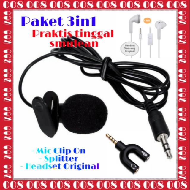 Paket Smule 3in1 Microfon Clip On Splitter Y Dan Headset Original