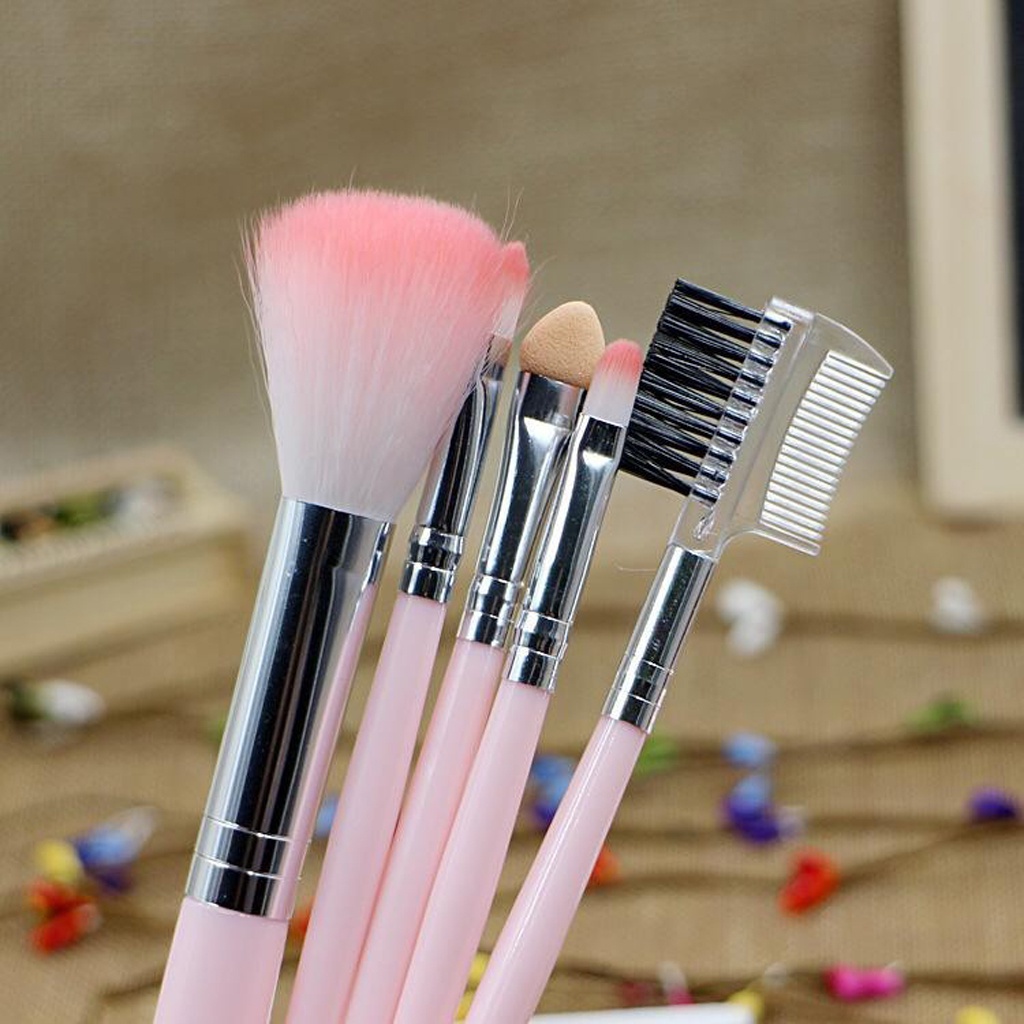 ☛TK☚ R636 5PCS/ Set Kuas 5 in 1 Make Up Brush Kuas Makeup Eyebrow Brush Blush On Brush Eyeshadow Brush Sponge