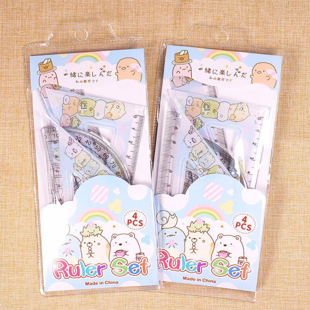 Timekey 4pcs / set Penggaris Segitiga Motif Kartun Lucu Untuk Stationery Anak / Sekolah / Kantor G9O2