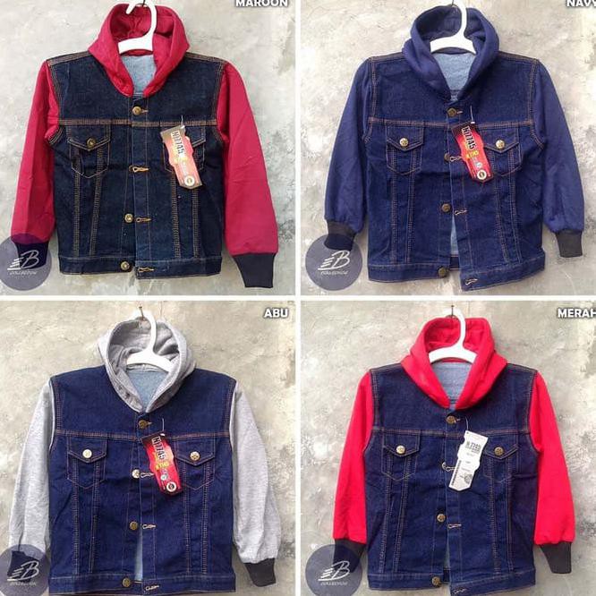 Stok Baru Jaket Jeans Levis Anak Denim Kombinasi Fleece Hoodie Slim Fit Stretch - Ukuran 7, Merah