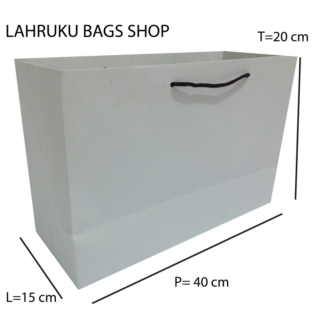 

Tas Kertas Polos Custom Sablon bahan Kraft Putih Ukuran PLT 40x15x20 Bertali hitam berkualitas Bagus