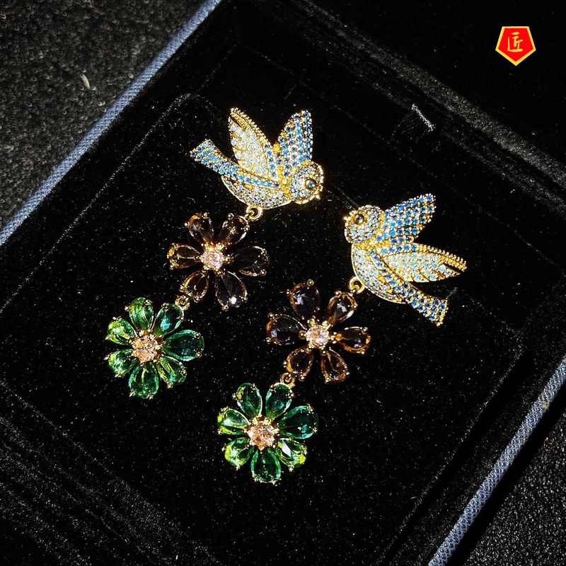 [Ready Stock]Luxury Vintage Flower Full Diamond Bird Earrings