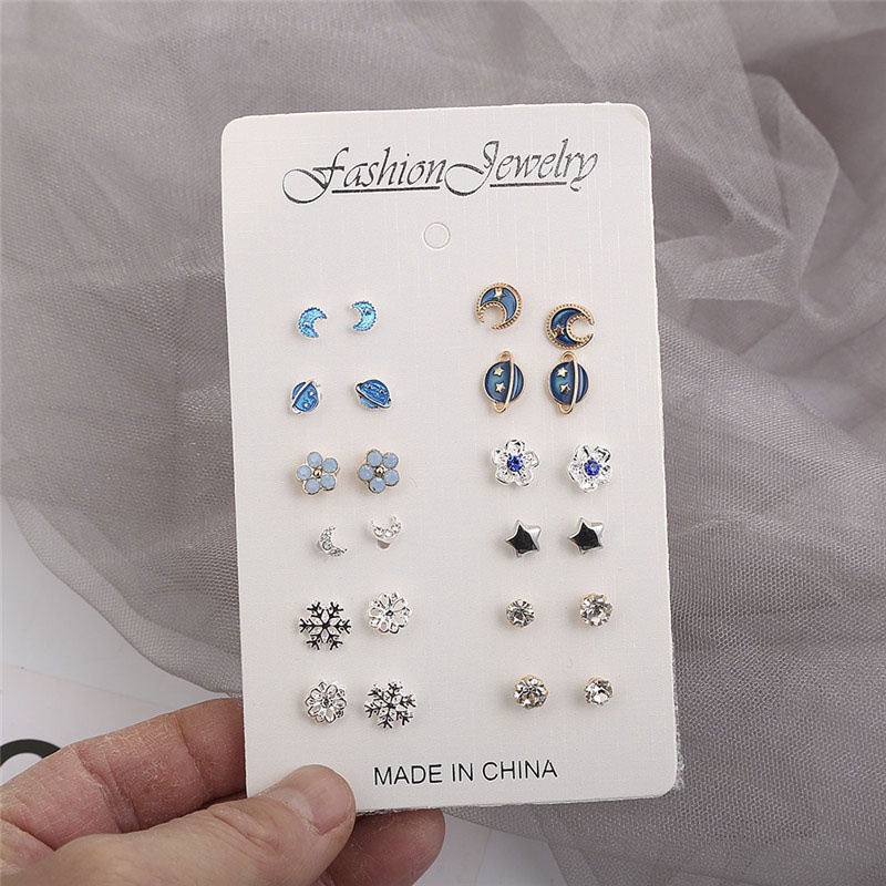 【COD Tangding】12 Pairs of New Fashion Earrings Set with Diamond Moon Earth and Stars Earstuds Jewelry Accessories