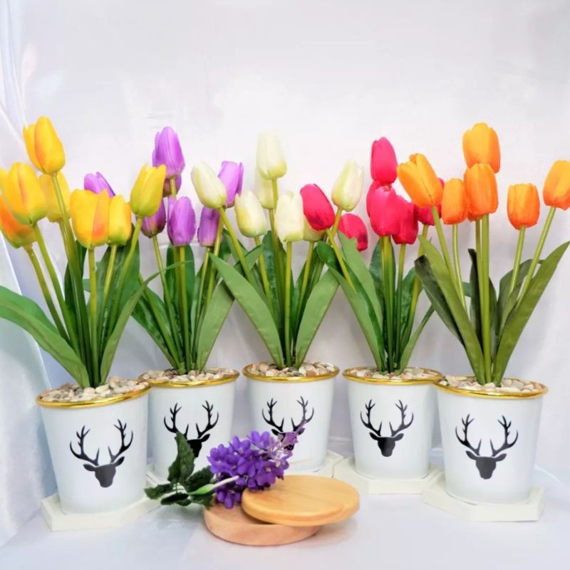 [ PROMO TERMURAH ] Bunga Artificial Tulip Termasuk Vas Vintage Rusa - Dekorasi Ruang Tamu - Bunga Plastik Grosir Import Murah