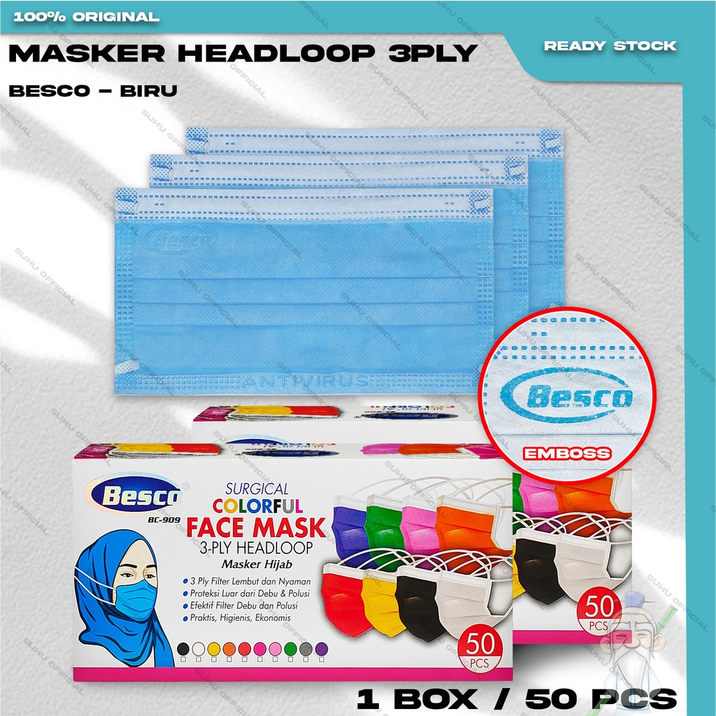 Masker Medis 3Ply BESCO Hijab isi 50Pcs Warna Biru Headloop Surgical Mask Kemenkes