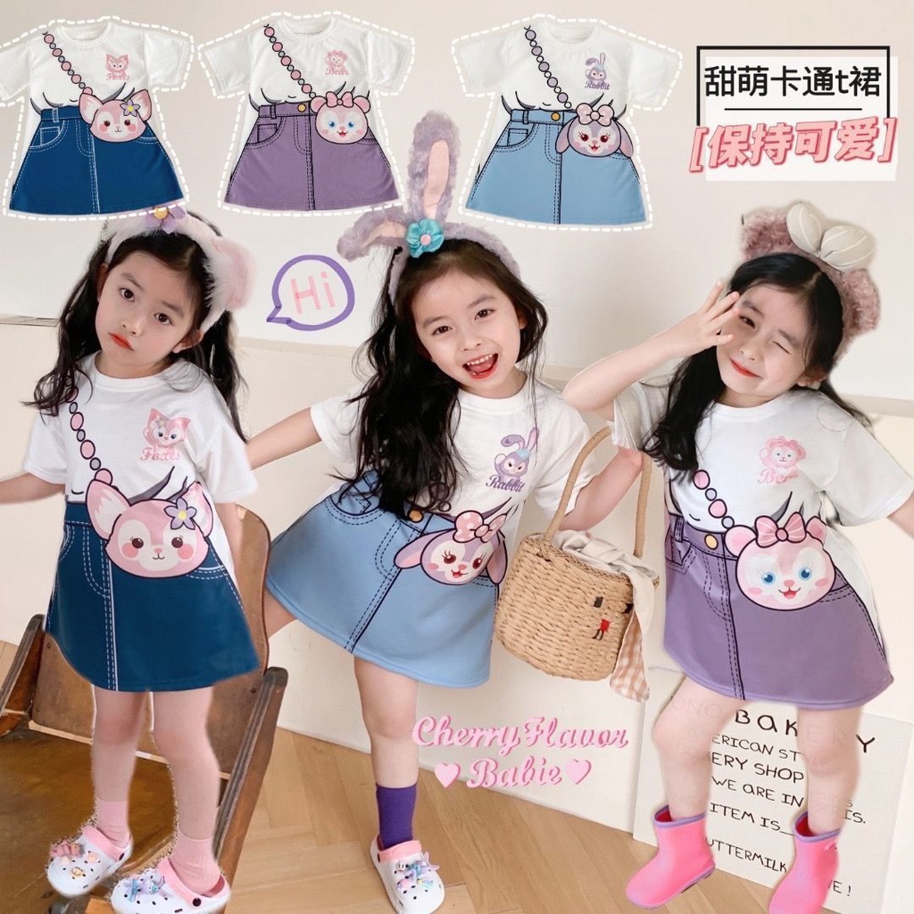 [PRINCESS KESLI] 1-9tahun Gaun anak perempuan baru/versi Korea kartun rok denim dua potong palsu/rok kasual bayi perempuan/Dress baju anak cewek/baju anak perempuan 1tahun 2tahun 3tahun kado ulang tahun anak perempuan