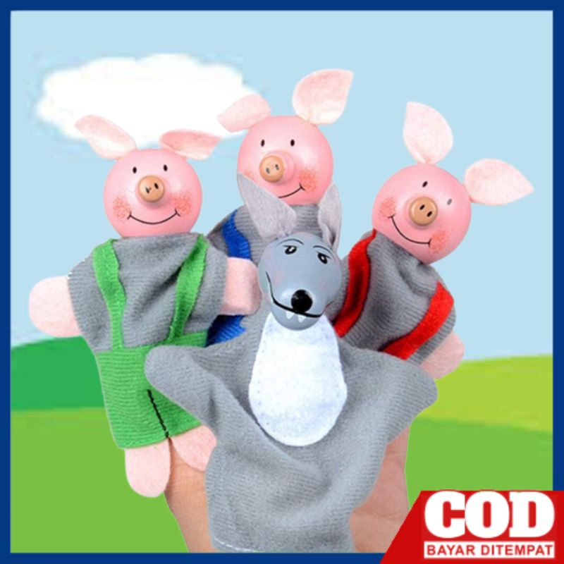 Mainan anak boneka Jari Tiga Babi Kecil dan Serigala THREE LITTLE PIGS FINGER PUPPET