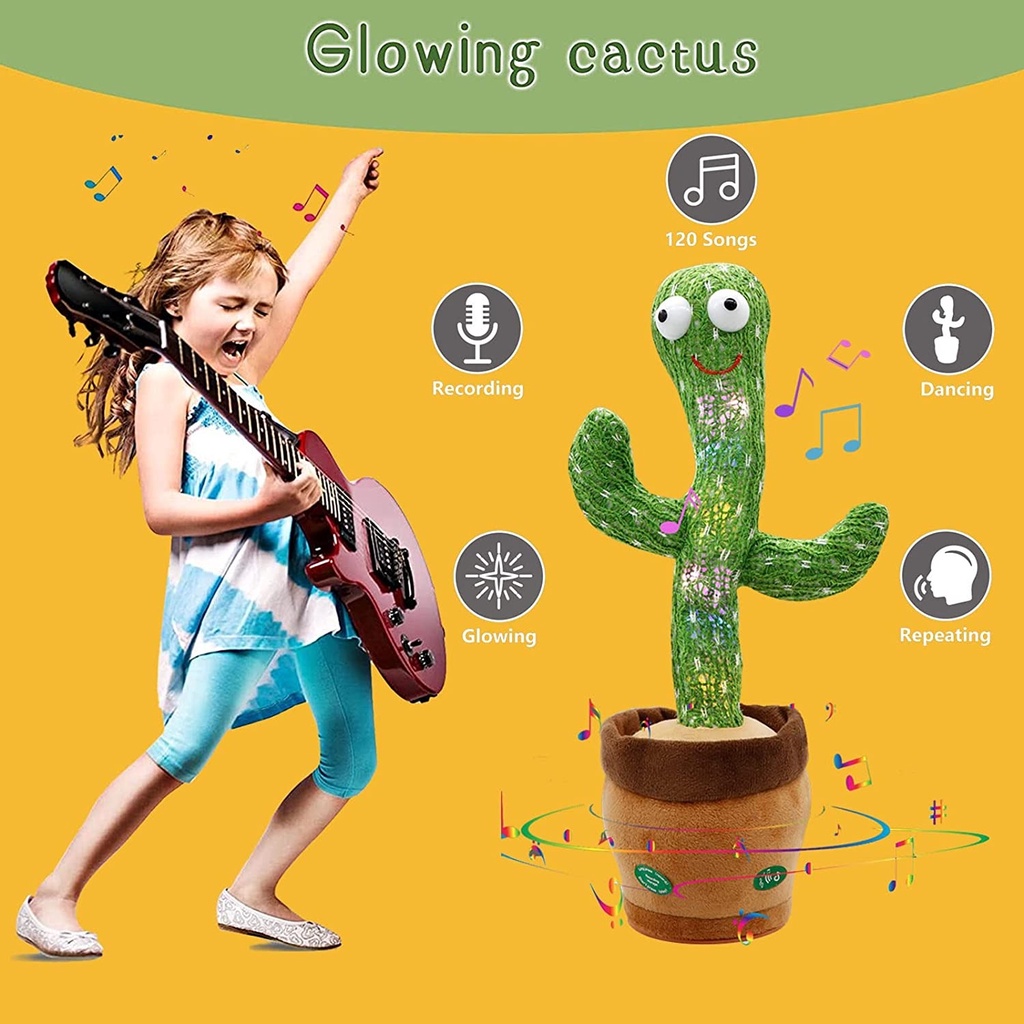 Grosir✅Dancing Cactus Toy USB Boneka Talking Cactus Toy Electric Speaking Cactus Cactus Mimicking Toy  Singing Cactus Recording and Repeat Your Words, Singing Cactus Toy(Clothes and Hats Can be Taken Off)