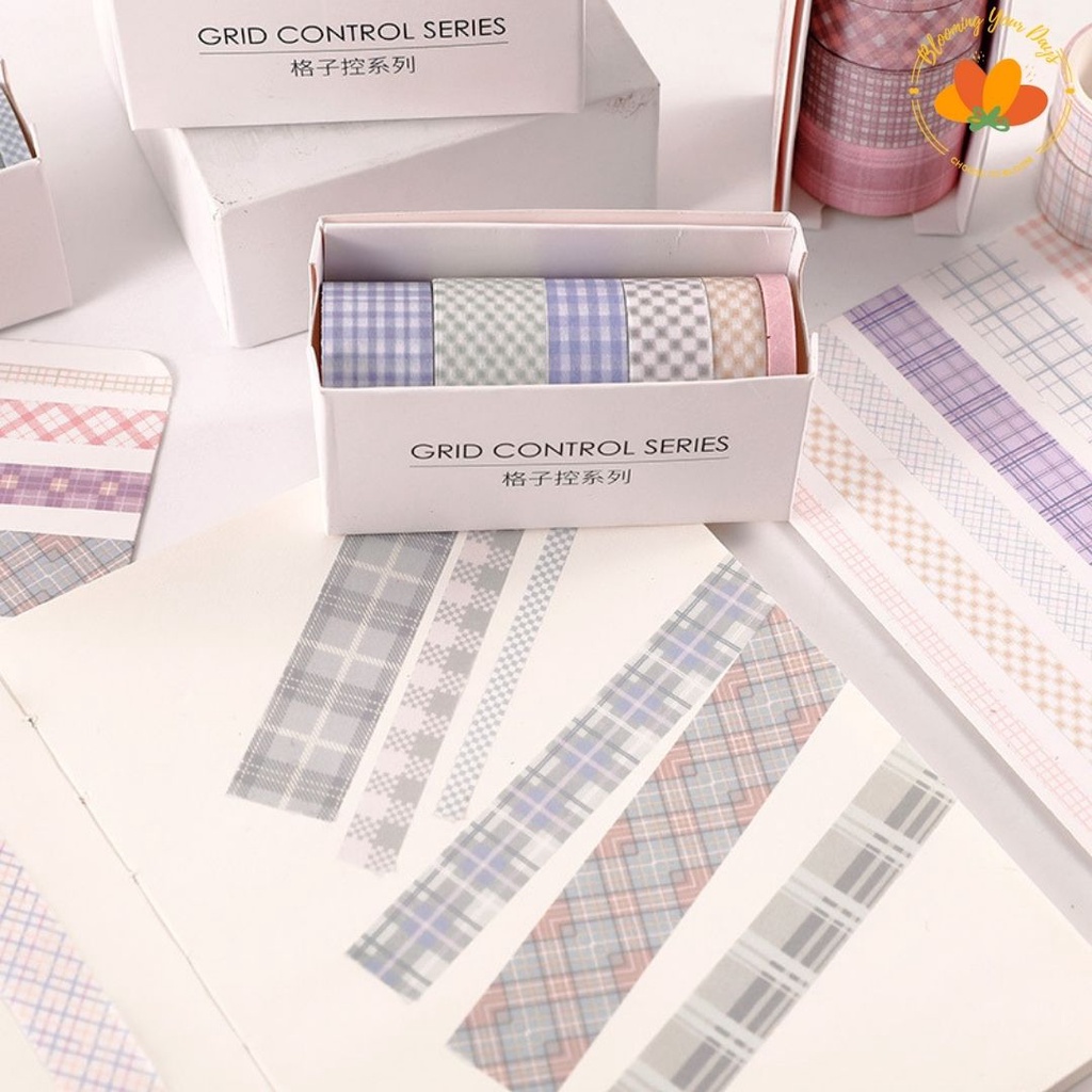 Bloomingyourdays Pastel Washi Tape 6pcs rolls Kotak Grid Masking Tape Set Gingham Pattern Grid