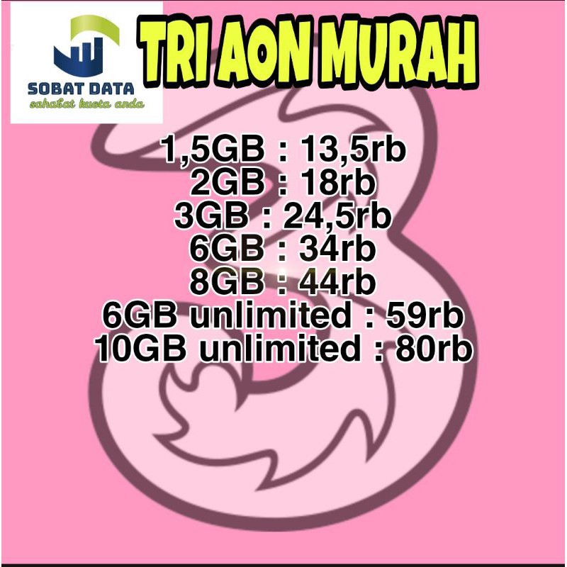 SUPER MURAH kuota tri AON UNLIMITED 1GB 1,5GB 2GB 3GB 6GB 8GB 6GB+