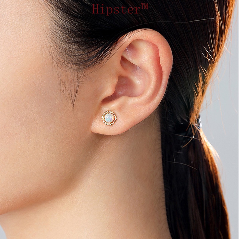 New Fashion Ins Style round Colored Gems White Gold Stud Earrings